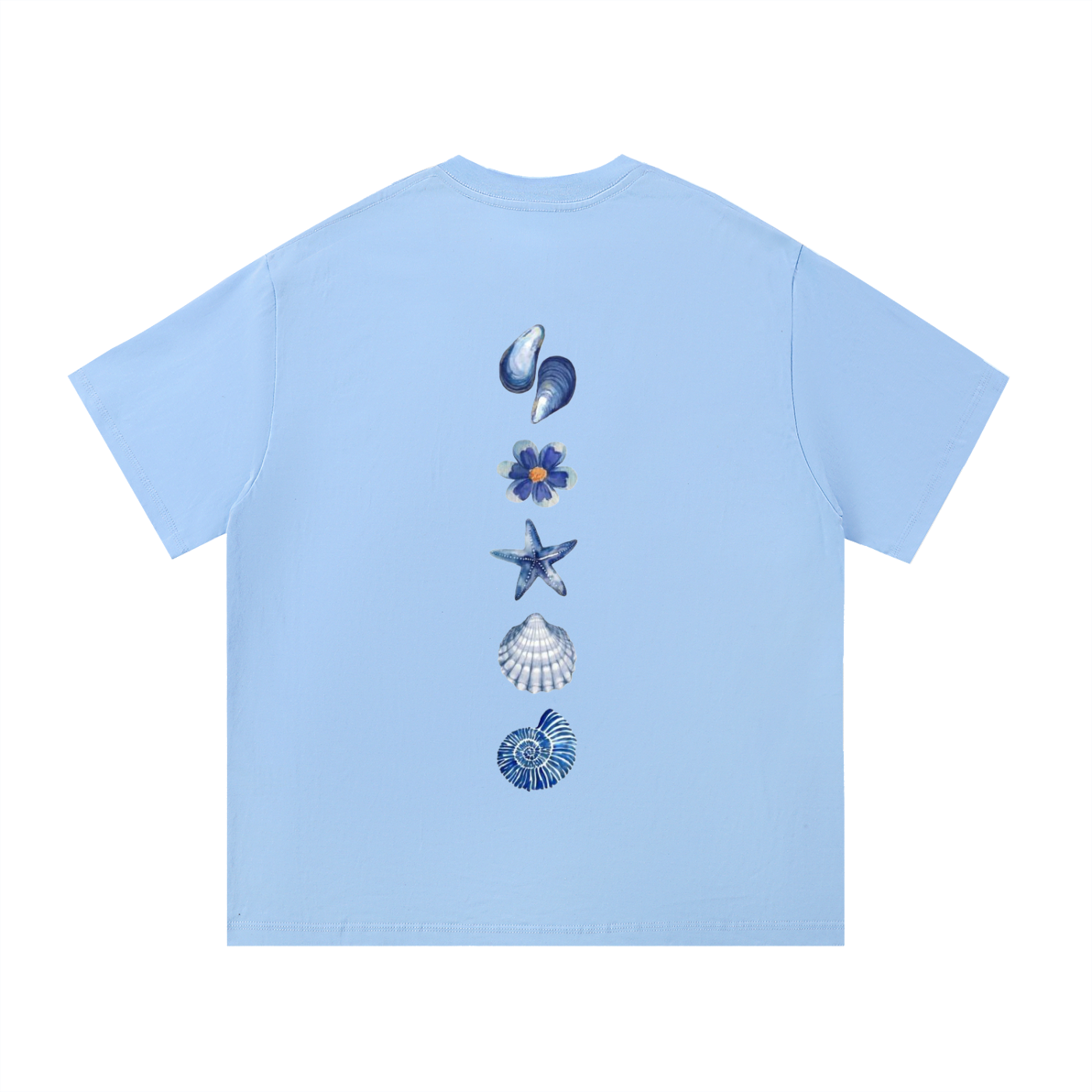 Shells and Flower Light Blue Cotton T-Shirt