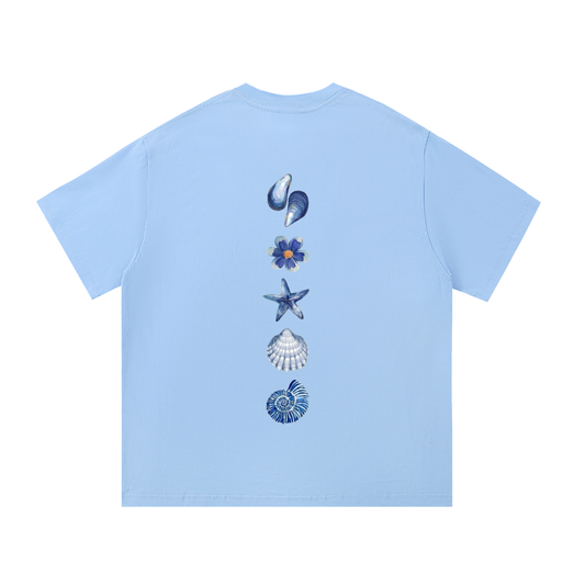 Shells and Flower Light Blue Cotton T-Shirt